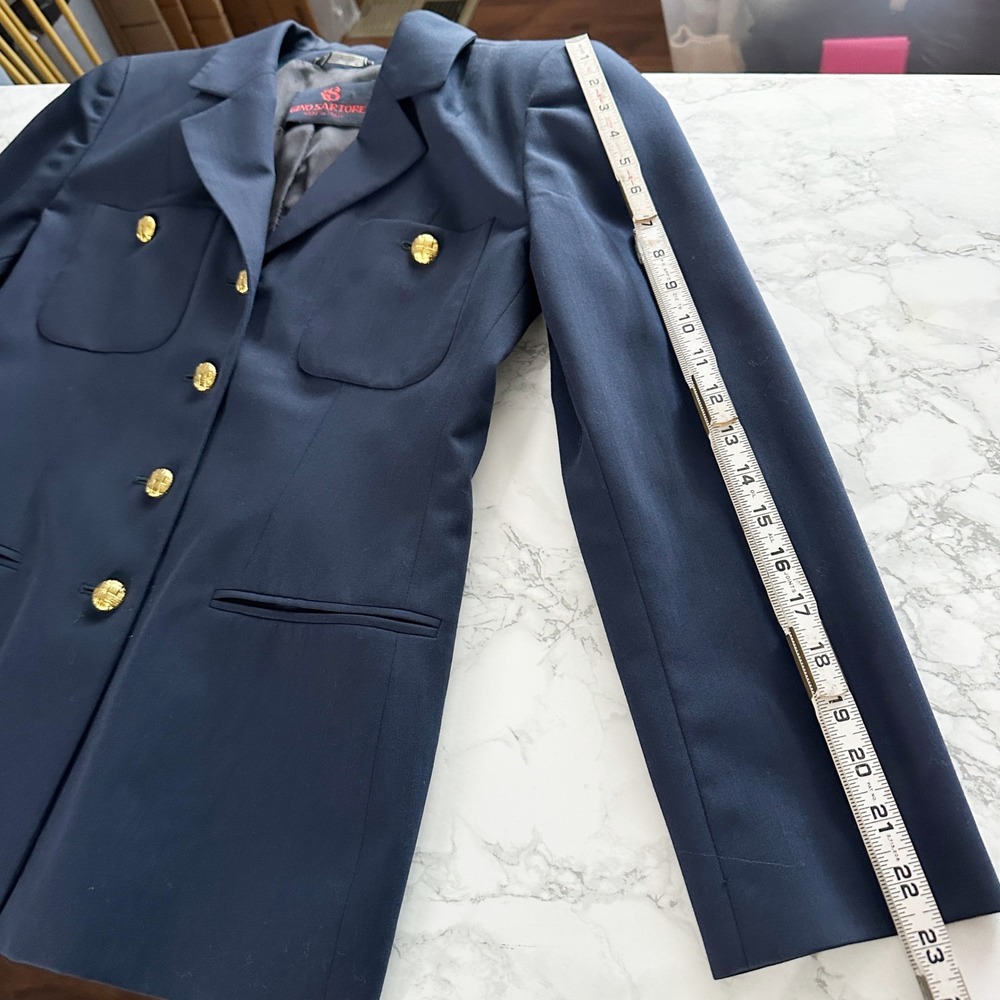 Vintage Gino Sartore 100% Wool Navy Blue Gold‎ Button Blazer Women's Size 10 - Picture 12 of 13